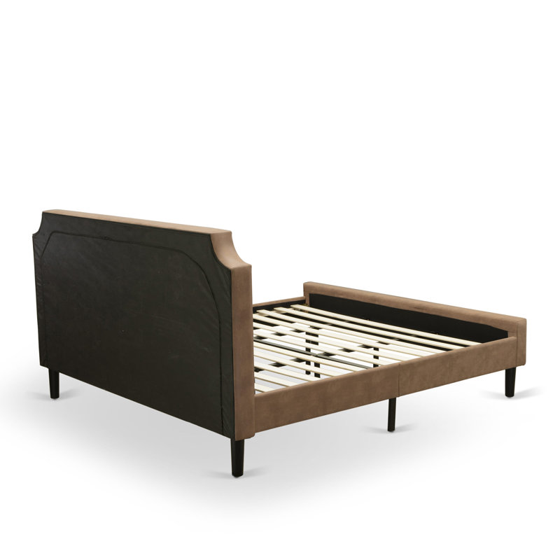 King Size Bed - Brown Textured Upholstered Headboard, Footboard and Wood Rails, Slats - Wooden 9 Legs with Full Support King Bed - Black Finish