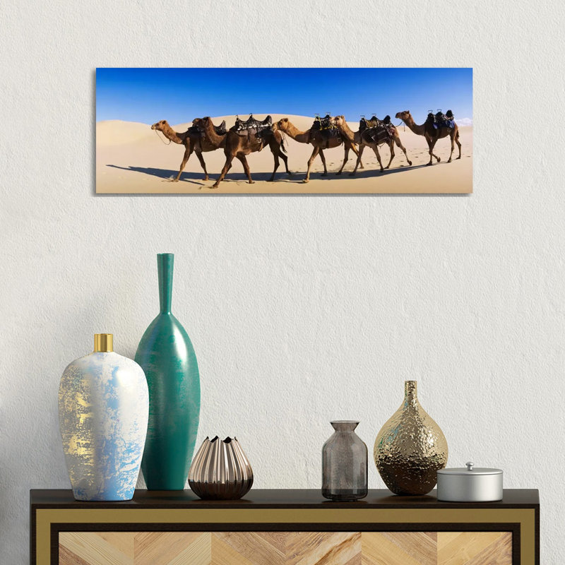 Camels Walking In The Desert - Wrapped Canvas Panoramic Print, 30.48 cm H x 91.44 cm W x 3.175 cm D