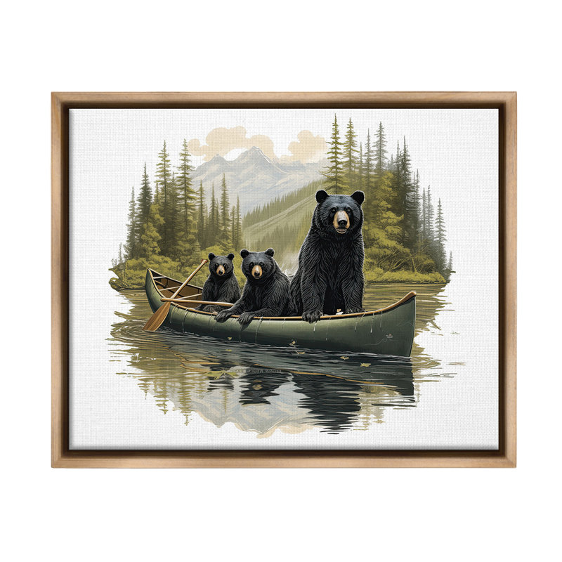 "Bears Canoeing On Lake" par Jim Baldwin sur toile, H 25 po x l 31 po, Cadre flottant orme Montalcino