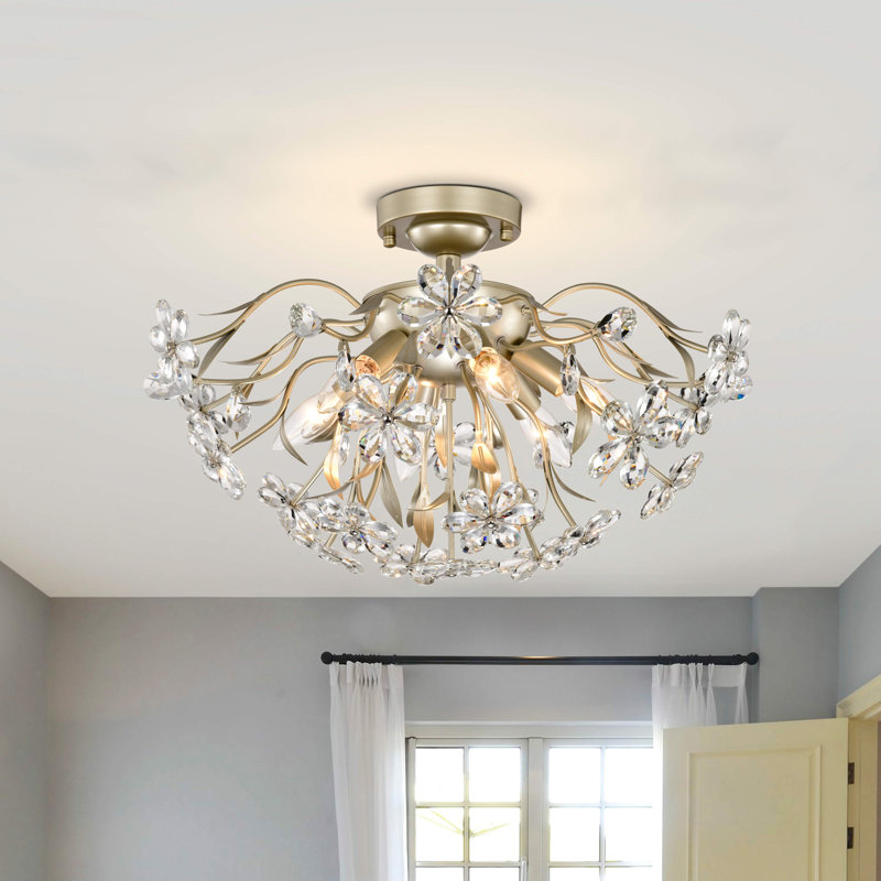 Silvia Brushed Silver-ish Champagne 6-Light 21.7" Daisy Flower Crystal Glass Flush Mount