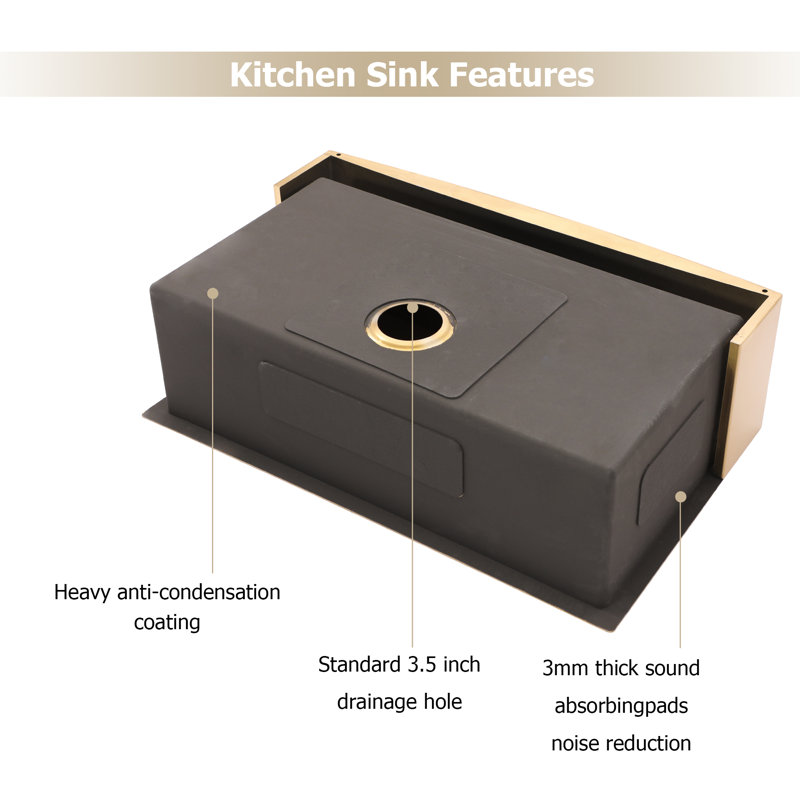 30"L 304 Stainless Steel Single Bowl Apron Front Kitchen Sink, Gold