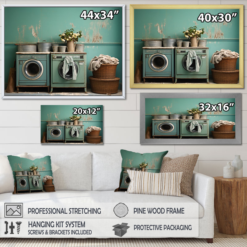 Turquoise Vintage Laundry Room II - impression, H 24 po x l 32 po x P 1 po, Cadre photo noir