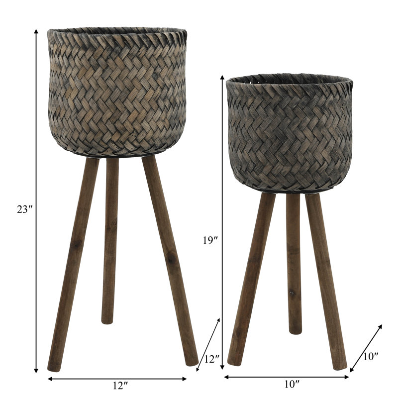 Handwoven Bamboo and Pine Wood Planters with Tripod Base, Decorative Woven Design, Durable Construction, Set of 3, 2 Piece