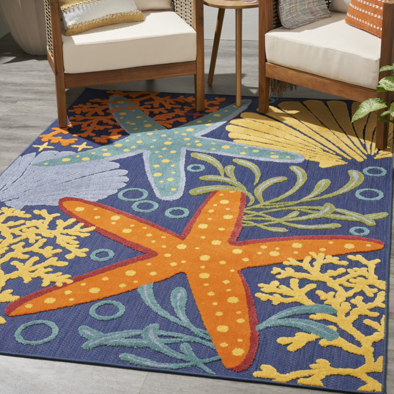 Tapis bleu et orange tissé à la machine 4 pi x 6 pi Starfish