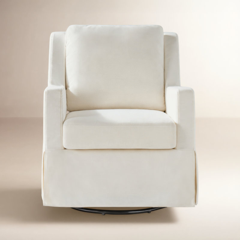Lillie 30" W Farmhouse Slipcovered Down-blend Swivel Rocking Chair with Pillow Back, Ivory