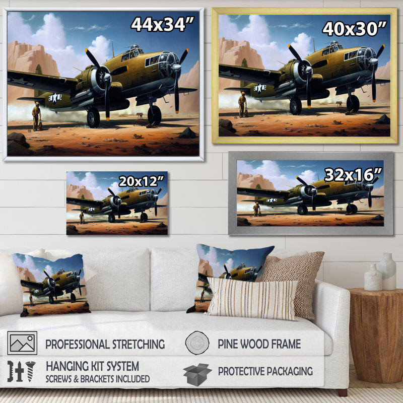 " Vintage Airoplane In Desert II ", White Picture Framed, 24" H x 32" W x 1" D