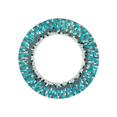 Zorigs Mosaic Mirror, Wall Art Décor – Handcrafted Decorative Wall Mirror, Sky Blue and Teal Mosaic, 24” Frame, 14" Round Mirror for Hallway, Bedroom, Bathroom, Living Room