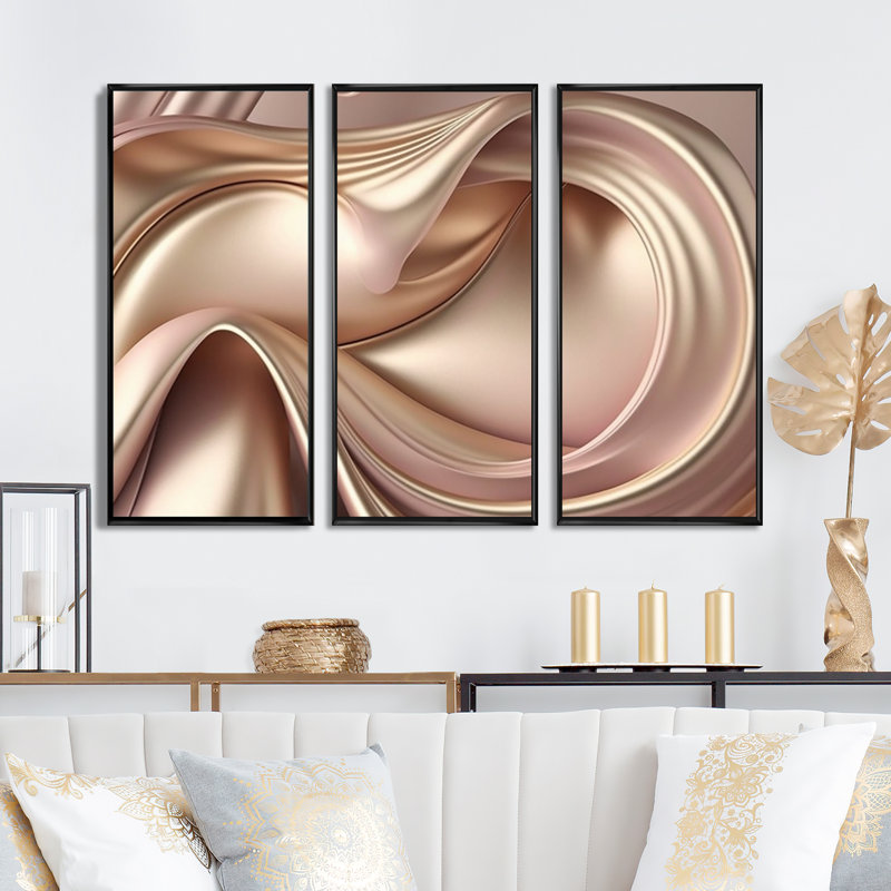 Luscious liquide or en rose et taupe VI - impression sur toile 3 pièces, H 28 po x l 36 po x P 1 po, Toile encadrée noire