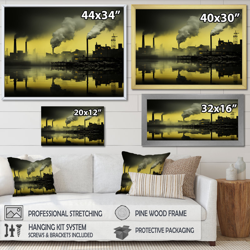 Impression sur toile, paysage de cheminée monochrome, Cadre flottant doré, H 16 po x l 32 po x P 1 po