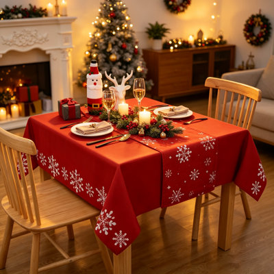 Snowflake Print Tablecloth in 150GSM Polyester Slub Cloth | Wipeable & Wrinkle-Resistant Festive Cover for Dining Room, Kitchen & Holiday Parties