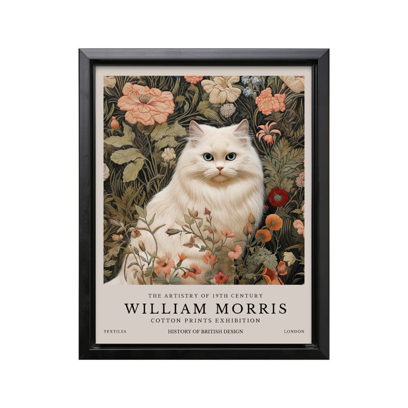 William Morris - Chat blanc, Cadre noir, Canevas, H 08 po x l 10 po