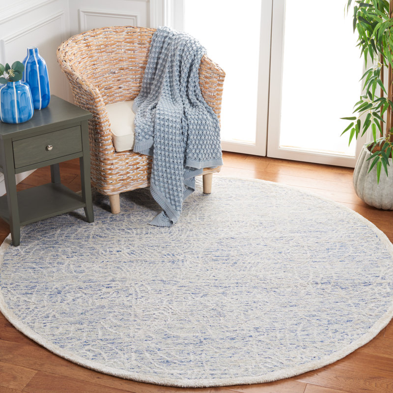 Tapis bleu / ivoire en coton / laine / coton touffeté à la main Gorete, Rond 6 pi
