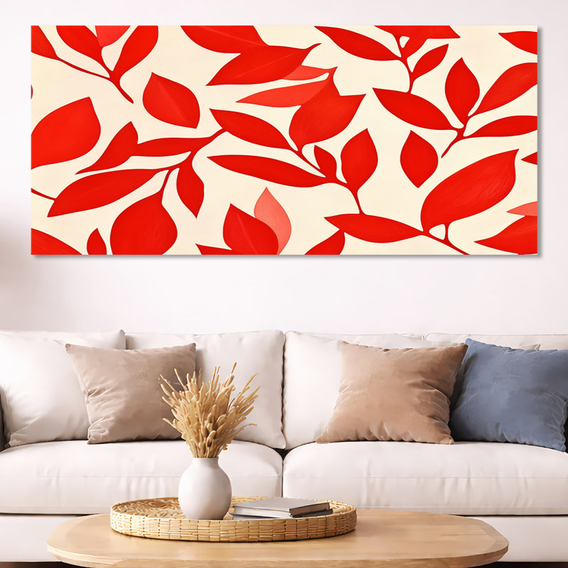 Art mural feuille rouge, toile de collage botanique, collage de feuilles rouges, collage nautique calme, H 28 po x l 60 po