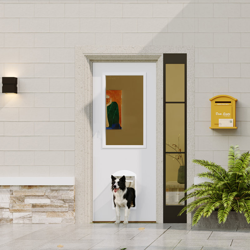 Dalle de porte d'entrée avec cadre - 1 porte en verre transparent et magnétique pour animaux, bois massif apprêté blanc