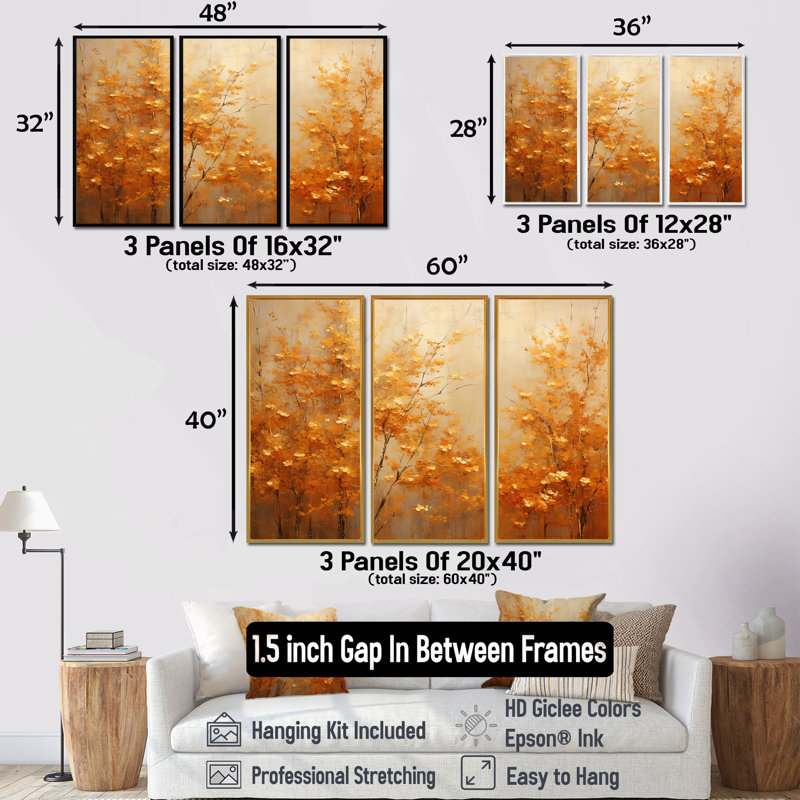 «Golden Autumn Forest Harmony I», ensemble d'art mural sur toile, H 28 po x l 36 po x P 1 po, Cadre flottant brun