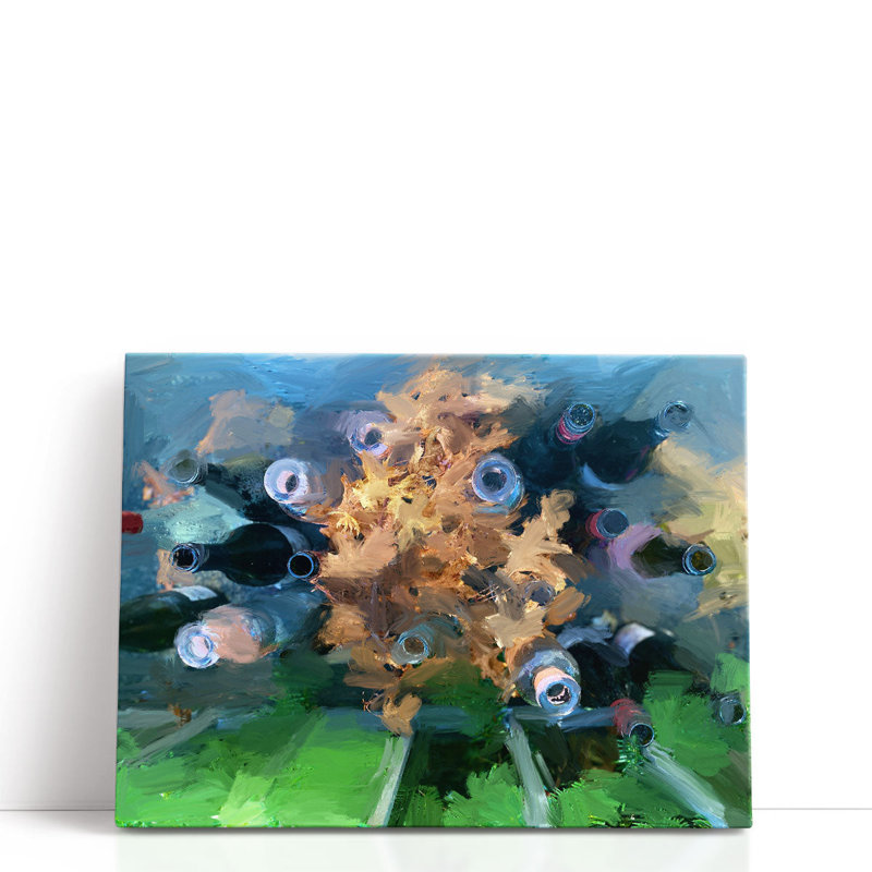 Bouteilles et feuilles - reproduction d'art sur toile, H 45 po x l 60 po