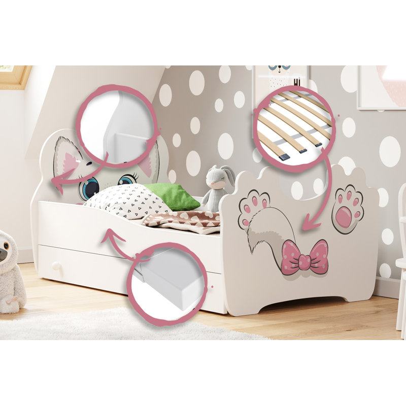 Pink Cat children's bed with drawer, Cot Bed / Toddler (70 x 140cm)