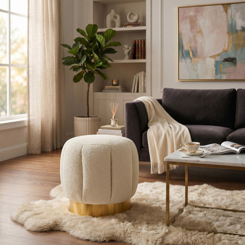 Jayah Upholstered Ottoman, Ivory Boucle