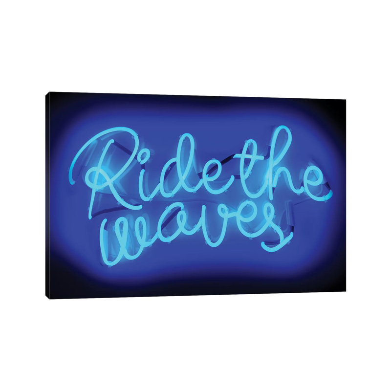 Neon Ride The Waves Blue On Black by Hailey Carr - Wrapped Canvas Print, 20.32 cm H x 30.48 cm W