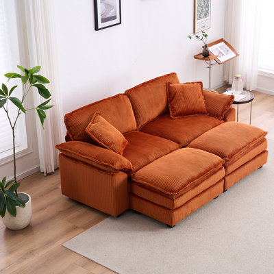 Canapé en velours côtelé 2 places avec 2 coussins de dossier, 2 coussins décoratifs et deux repose-pieds, Canapé confortable pour salon