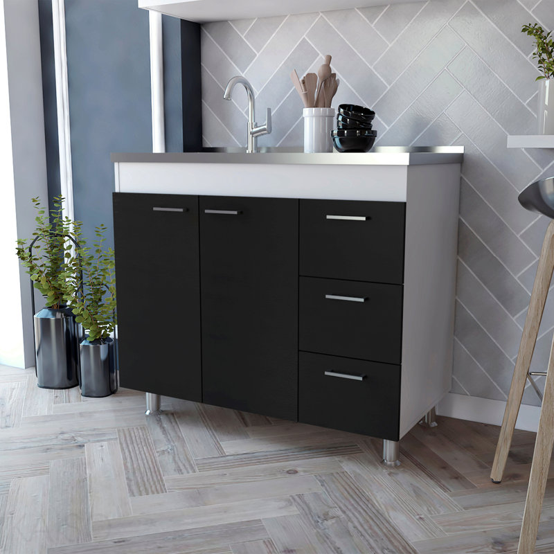 Armoire Ferretti, trois tiroirs, double porte, quatre pieds - blanc / noir, Noir