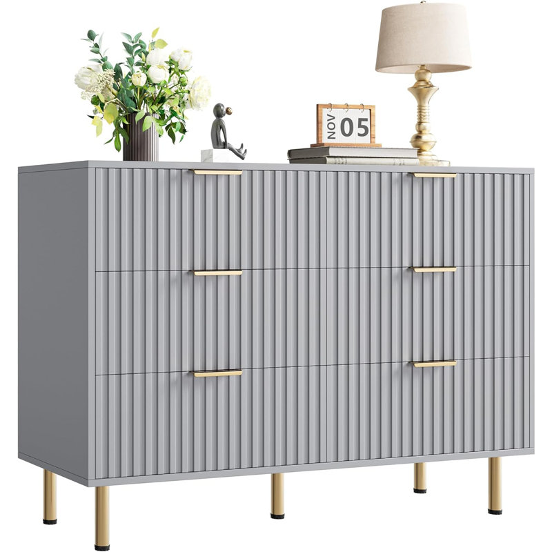 Gray 6-Drawer Honeycomb Dresser, Modern Wood Cabinet with Gold Handles, Gray