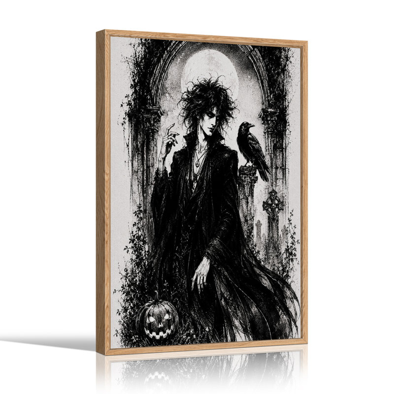 «Gothic Man with Raven and Pumpkin Under Moon», art mural sur toile, H 24 po x l 18 po