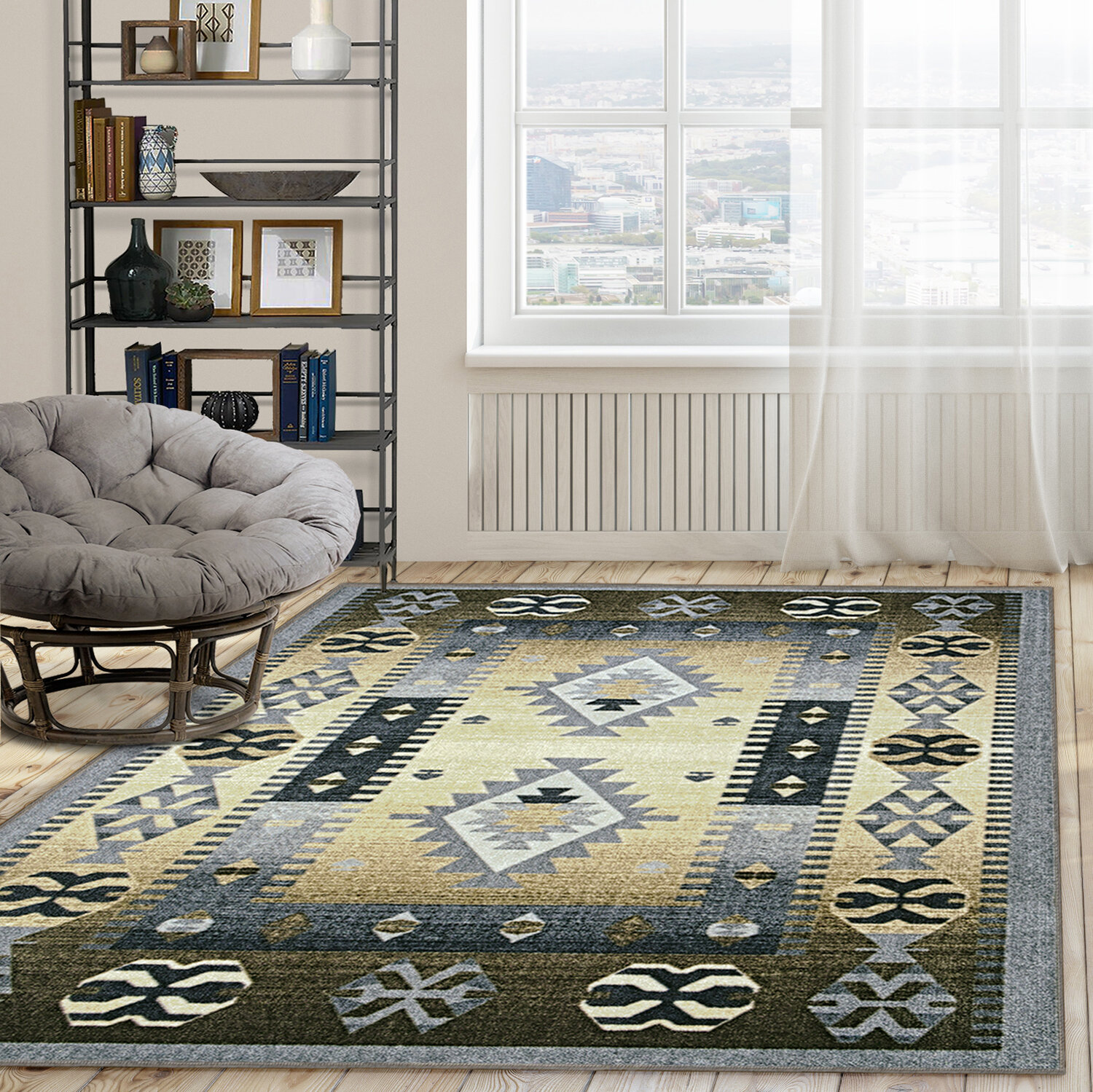 Beverly Rug Indoor Bordered Area Rugs, Non Slip Rubber Backing Modern  Living Room Area Rug, Navy, 2x3 