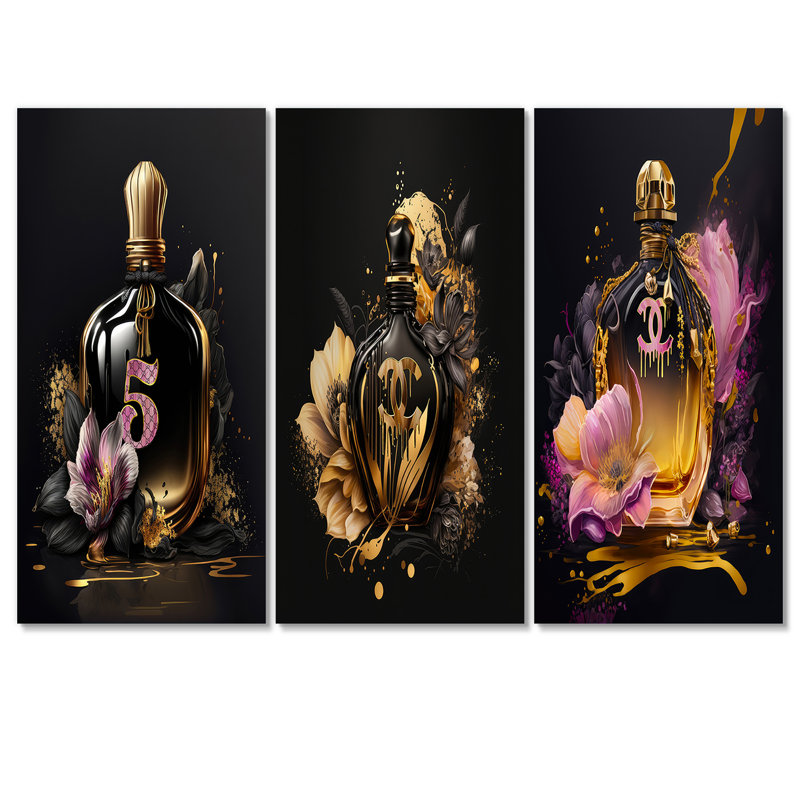 Chic bouteille de parfum noir et or VI sur toile, 3 pièces, H 40 po x l 60 po x P 1 po