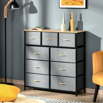 Storage Chest 9 Drawers: Oak & Grey For Bedroom. Ample Storage, Foldable, Safe With Wood Top And Linen Bins Drawers. Keep Your Items Organized. Grey. Foldable. Safe. Quality Materials. 11.75''D