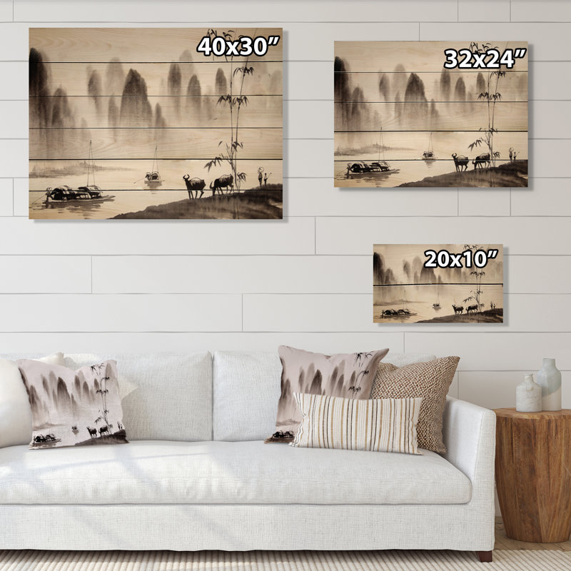 Peinture à l'encre de Chine, impression sur bois brun traditionnel, H 30 po x l 40 po x P 1 po