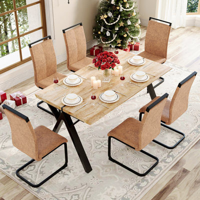 Ensemble de table de salle à manger 63 po Mid-Century, plateau en bois épais avec chaises rembourrées, sièges 4 à 6