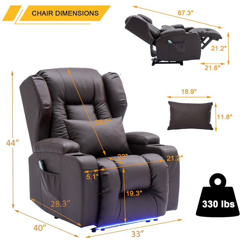 Aguilera 31.5" Wide Faux Leather Heated Power Recliner Massage Home Theater Individual Seat with Cup Holder, Brown
