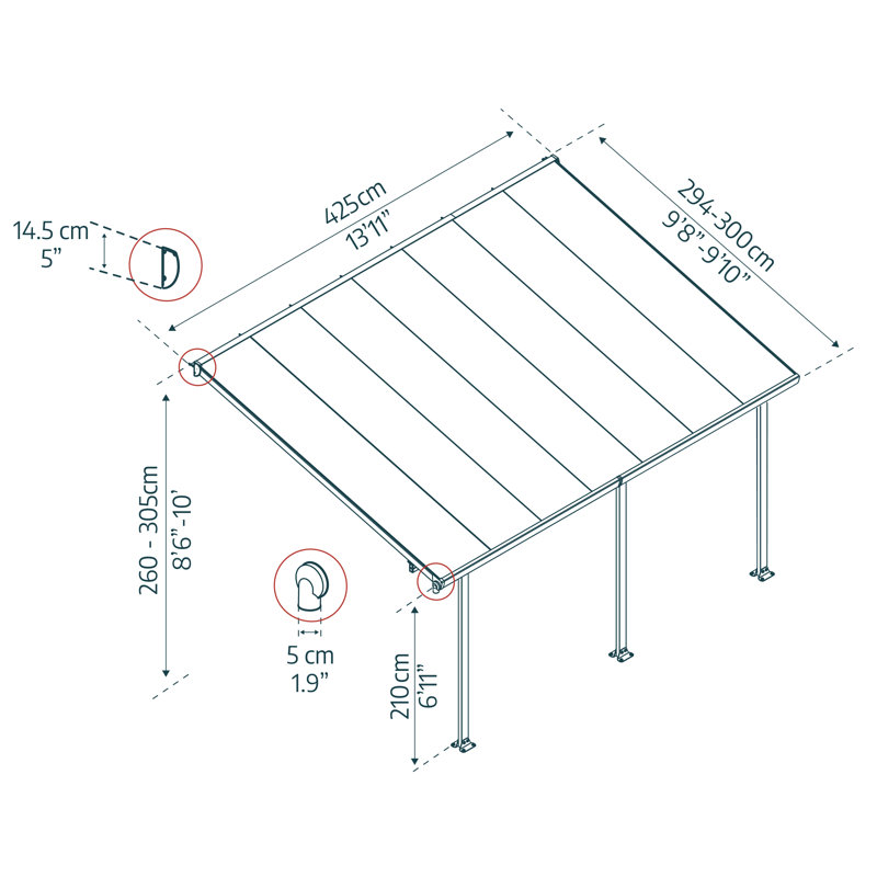 Palram - Canopia Feria 14' W x 10' D Polycarbonate Galvanized Steel Stationary Slope Patio Awning Gray/Diffused, Gray/Clear