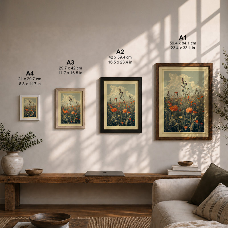 Wildflower Meadow at Dusk Botanical - Framed Print, Walnut, A3 - 42.0 x 29.7 cm