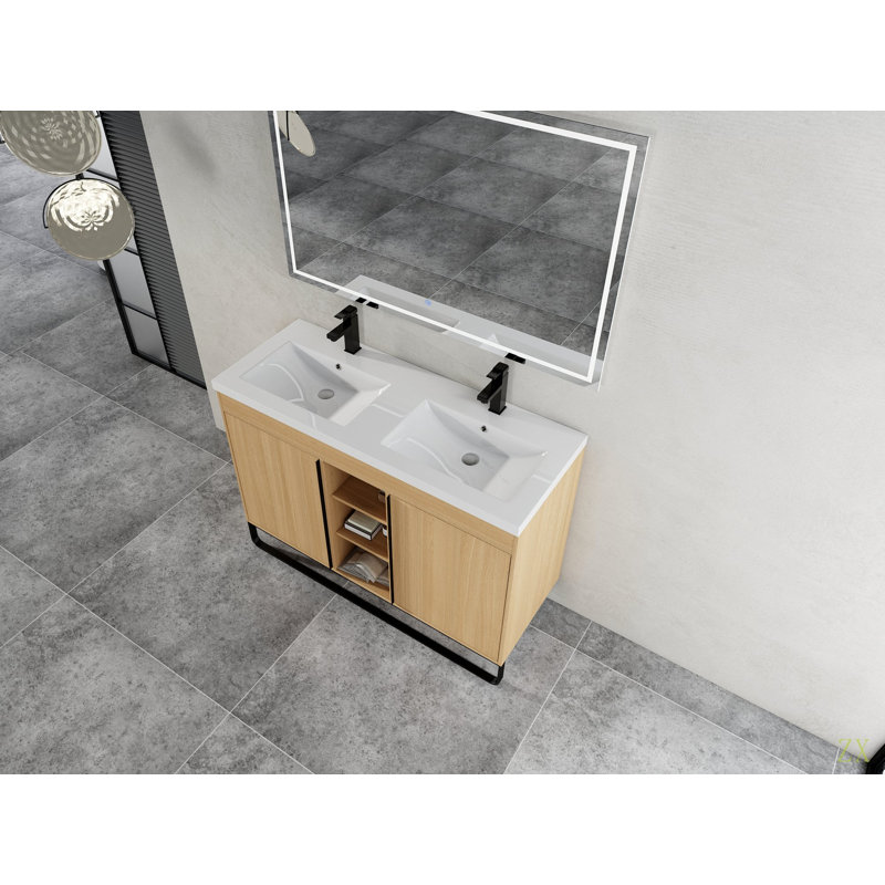 Ensemble de meuble-lavabo autoportant 48 po avec double lavabo en résine, porte à fermeture en douceur 2 et support de rangement à 3 ouvertures, emballage KD, contreplaqué