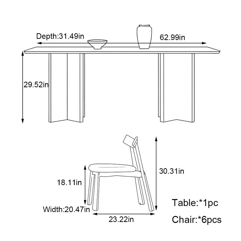 Ensemble de table de salle à manger en bois massif de style rétro français, H 29,52 po x L 62,99 po x l 31,49 po