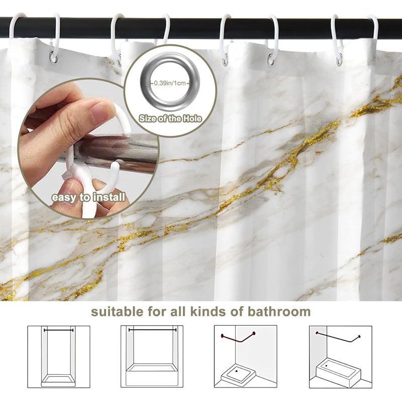 Pack of 1 White Gold Marble Minimalist Modern Abstract Bath Curtain with Hooks, 182.88cm H x 198.12cm W