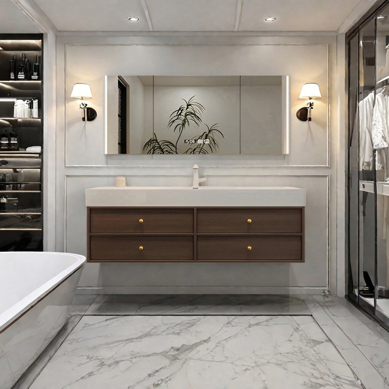 Middle ancient style intelligent bathroom cabinet, Noyer, H 21,65 po x l 62,99 po x P 21,65 po