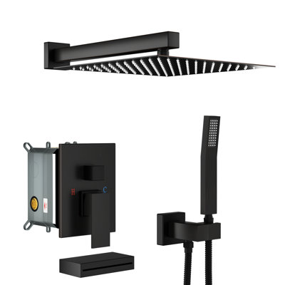 Douche de 12 pouces avec bec cascade - pomme de pluie carrée, à main, bronze huilé, baignoire à valve frottée à l'huile, valve équilibrée, fixation murale, installation facile, débit d'eau réglable, forme de la tête,
