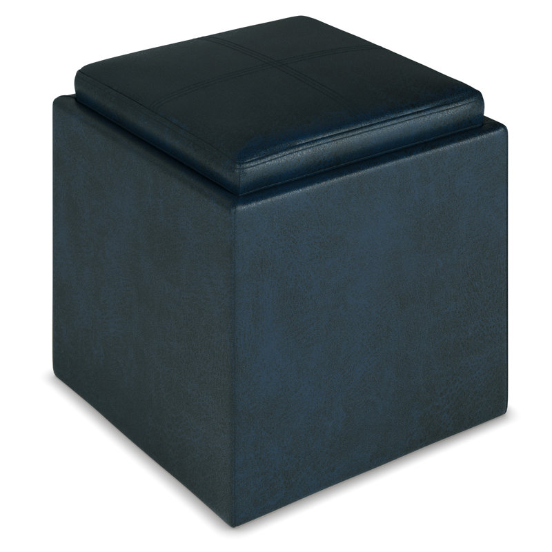 Rockwood 17"W Upholstered Vegan Leather Contemporary Square Storage Cube Ottoman with Flip-Over Tray, Assembled