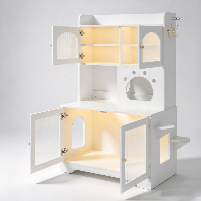 Enceinte de litière pour chat à 3 niveaux avec armoire de rangement, portes en verre cannelé et plateformes d'escalade, Blanc