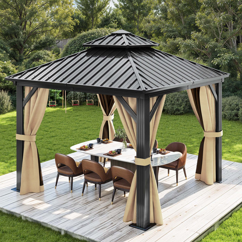 Pavillon de jardin en aluminium à double toit avec rideau et moustiquaire Balconera, H 9,6 pi x l 10 pi x P 10 pi