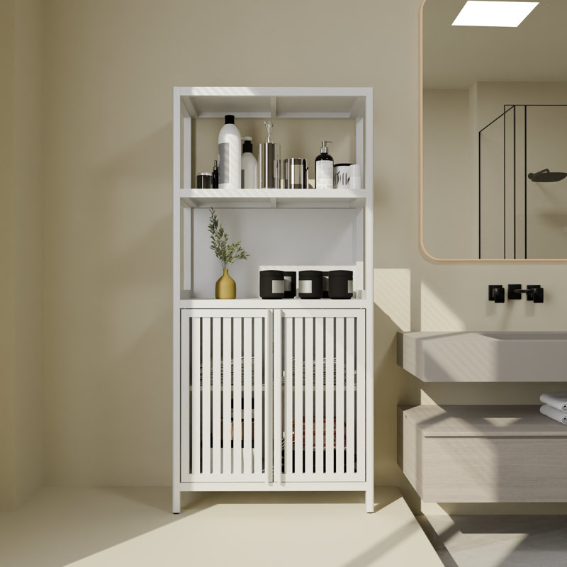 Bamboo Storage Cabinet, Freestanding Bathroom Cabinet with 2 Doors, Floor Cabinet Organizer, White