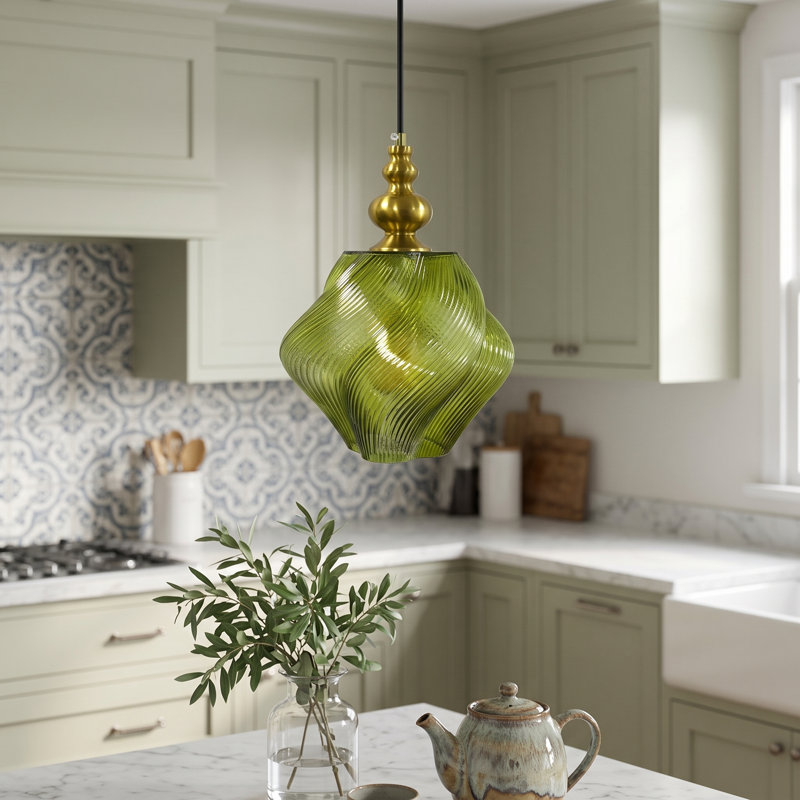 1-Light Olive Green Twisted Glass Pendant Light