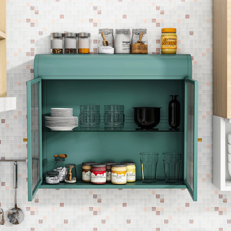2-Door Wall-Mounted Metal Storage Cabinet With Tempered Glass Doors & Shelves For Bathroom, Kitchen, Living Room & Office, Bathroom Storage