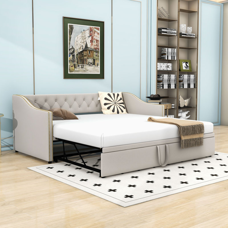 Upholstered Daybed with Twin Pop-Up Trundle, Space-Saving Design, Gray