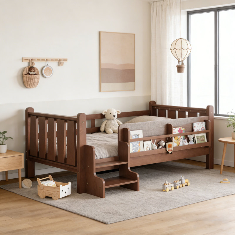 Twin Size Solid Wood Kids Floor Bed With Storage Bookcases, Cute Stairs & Guardrails, No Box Spring Needed (Natural), Natural
