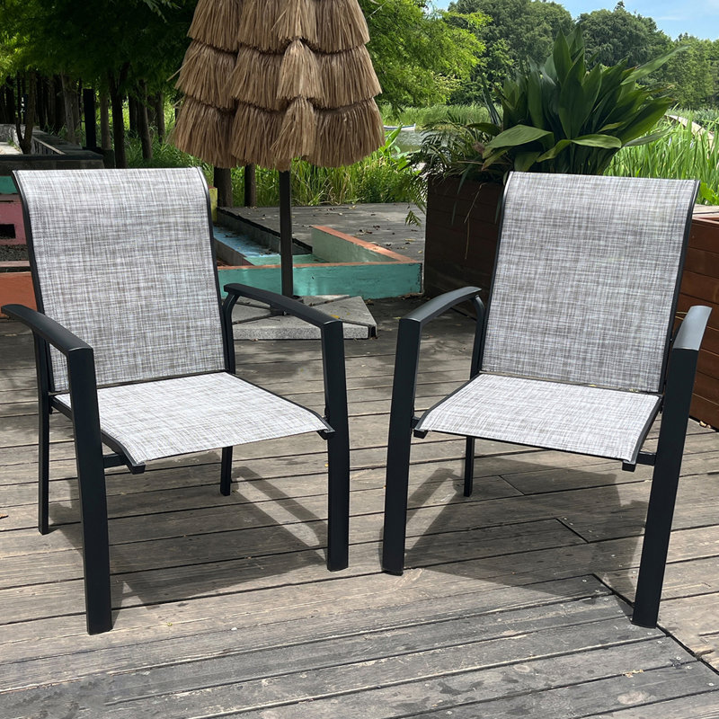 Ensemble de 2 chaises de salle à manger d'extérieur durables en métal toutes saisons, idéales pour le patio et le jardin avec une conception empilable et un tissu textilène à séchage rapide