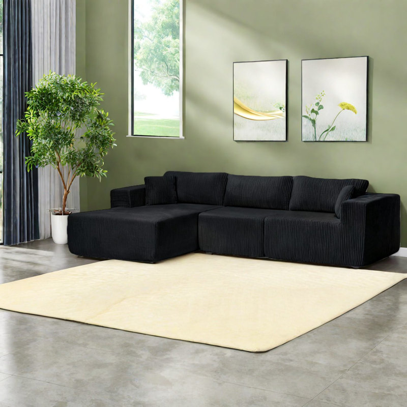 Canapé modulaire modulaire, canapé modulaire Cloud avec assise profonde, canapé modulaire moderne en L avec méridienne, fauteuils rembourrés désossés pour le salon (velours côtelé, noir)